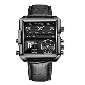 LIGE 8925 Premium Square Dual Time Leather Strap Luxury Men's Watch