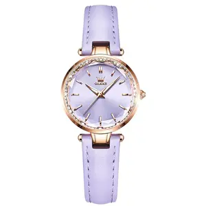 Olevs 6645 Diamond Studded Rose Gold Dial Leather Strap Waterproof Quartz Analog Women's Watch