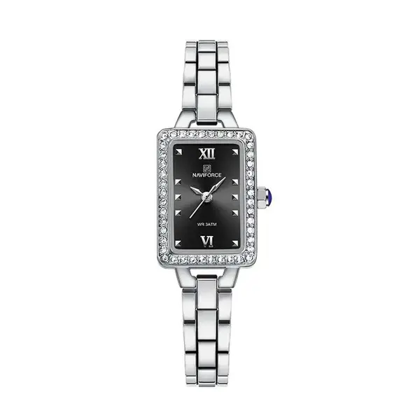 Naviforce NF5043 Luxury Stainless Steel Strap Chronograph Retro Versatile Fashion Women's Watch – Dial Color: Black, Strap Color: Silver – View 1