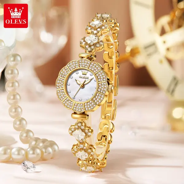 OLEVS 9813 Fashion High-grade Ins Design Niche Mermaid Diamond Encrusted Women's Watch – Dial Color: White, Strap Color: Gold  – View 2