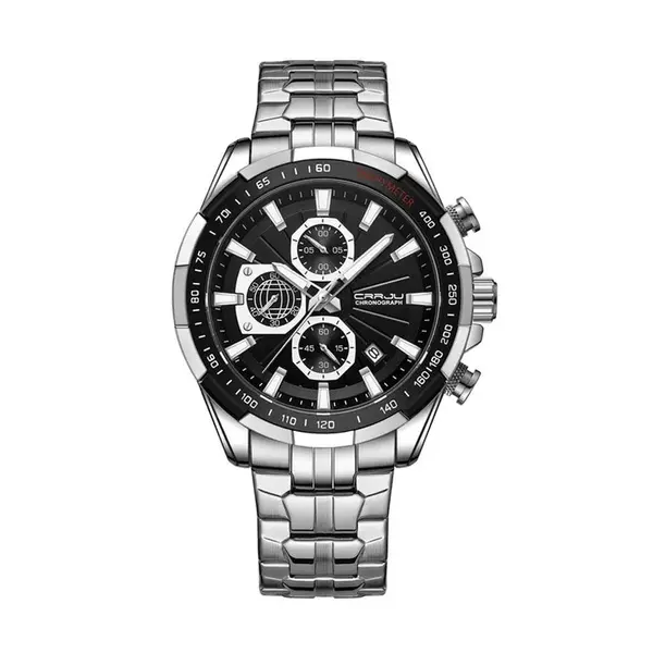 CRRJU 2305 High Quality Stainless Steel Multifunctional Classic Fashion Men's Watch – Dial Color: Black, Strap Color: Silver – View 1