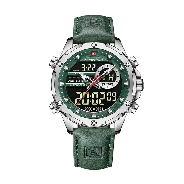 Naviforce NF9208 Genuine Leather Dual Display Luxury Fashion Men's Watch – Dial Color: Silver, Strap Color: Green  – View 1