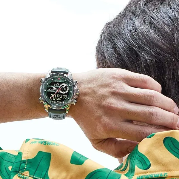 Naviforce NF9208 Genuine Leather Dual Display Luxury Fashion Men's Watch – Dial Color: Silver, Strap Color: Green  – View 4