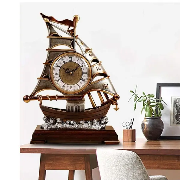 Vintage Deco Table Clock Rustic Living Room Desk Clock Ancient ship – Color: Brown – View 2