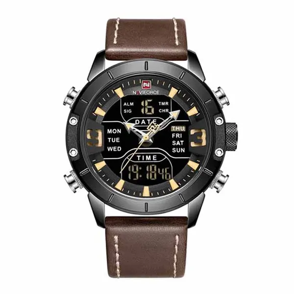 NAVIFORCE 9153-L Genuine Leather Strap Stylish Men's Watch – Dial Color: Black, Strap Color: Brown – View 1