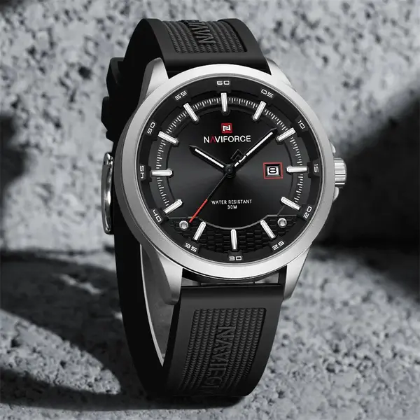 Naviforce NF9248T Waterproof Comfortable Silicone Strap Quartz Sports Men's Watch – Dial Color: Silver, Strap Color: Black – View 2