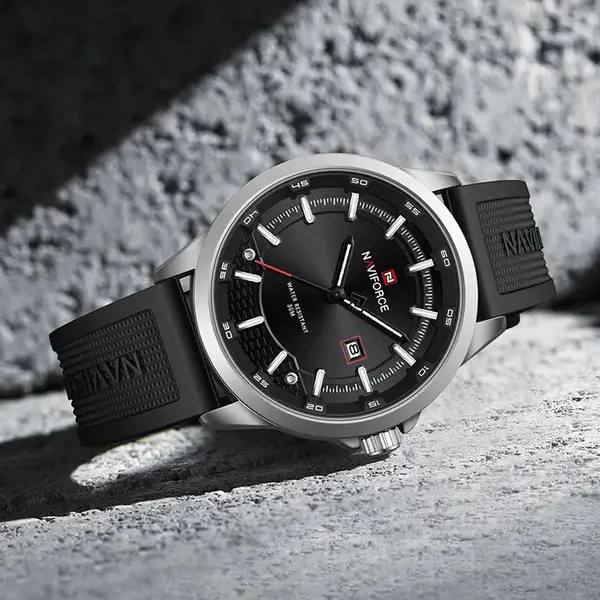 Naviforce NF9248T Waterproof Comfortable Silicone Strap Quartz Sports Men's Watch – Dial Color: Silver, Strap Color: Black – View 3