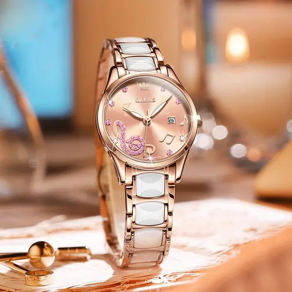 Olevs 3605 Luxury Quartz Rhinestone Ceramics Strap Wristwatch – Dial Color: Pink, Strap Color: White – View 3