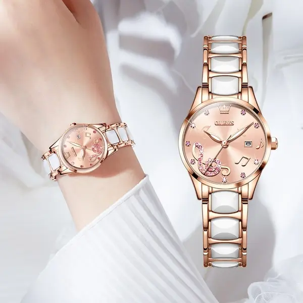 Olevs 3605 Luxury Quartz Rhinestone Ceramics Strap Wristwatch – Dial Color: Pink, Strap Color: White – View 4