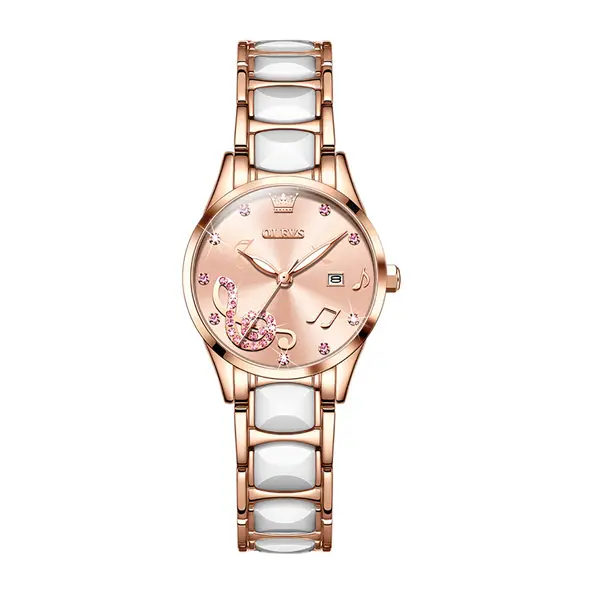 Olevs 3605 Luxury Quartz Rhinestone Ceramics Strap Wristwatch – Dial Color: Pink, Strap Color: White – View 1
