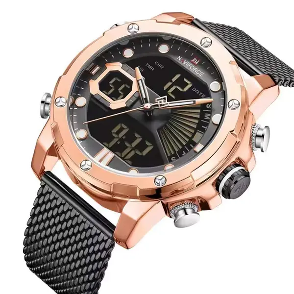 Naviforce NF9172 Stainless Steel Dual Movement Fashion and Casual Men's Watch – Dial Color: Rose Gold, Strap Color: Black – View 2