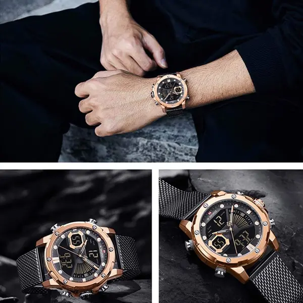 Naviforce NF9172 Stainless Steel Dual Movement Fashion and Casual Men's Watch – Dial Color: Rose Gold, Strap Color: Black – View 3