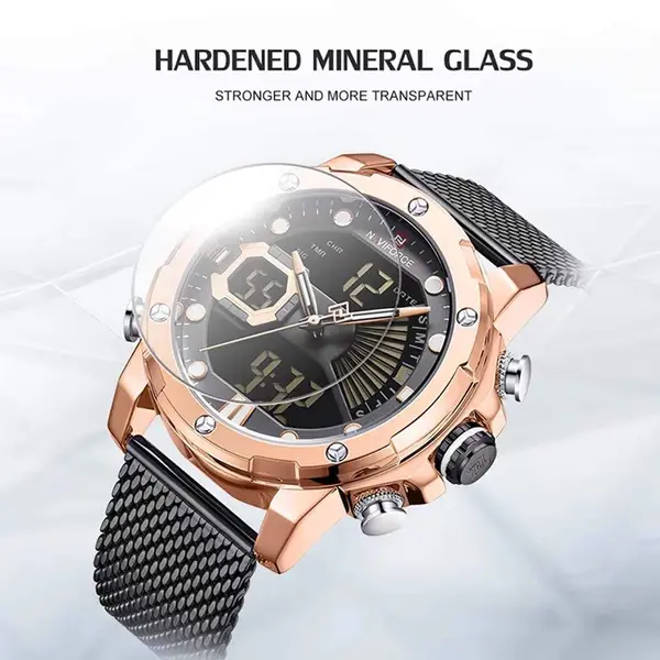 Naviforce NF9172 Stainless Steel Dual Movement Fashion and Casual Men's Watch – Dial Color: Rose Gold, Strap Color: Black – View 4