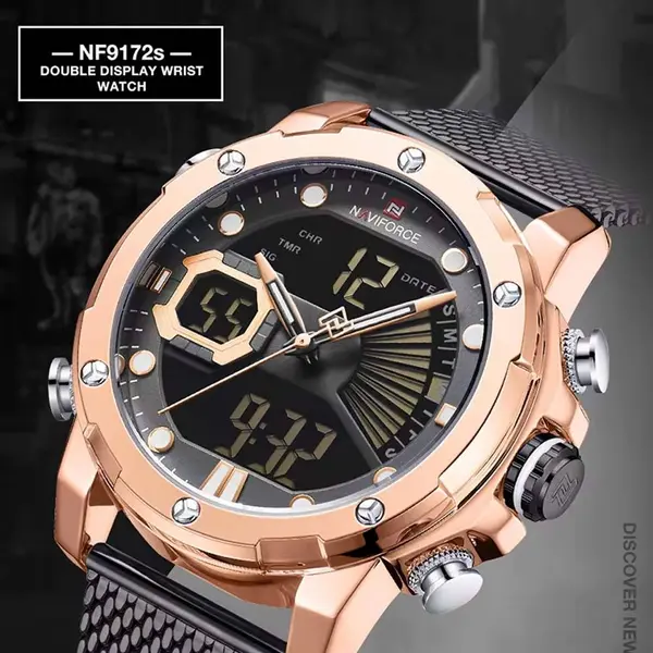 Naviforce NF9172 Stainless Steel Dual Movement Fashion and Casual Men's Watch – Dial Color: Rose Gold, Strap Color: Black – View 5