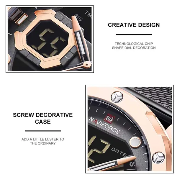 Naviforce NF9172 Stainless Steel Dual Movement Fashion and Casual Men's Watch – Dial Color: Rose Gold, Strap Color: Black – View 7