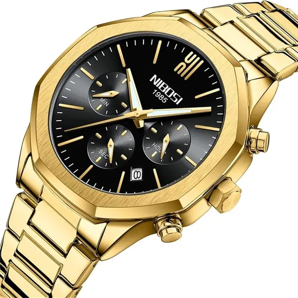 Nibosi 2519 Stainless Steel Quartz Chronograph Fashionable Men's Watch – Dial Color: Black, Strap Color: Gold – View 2