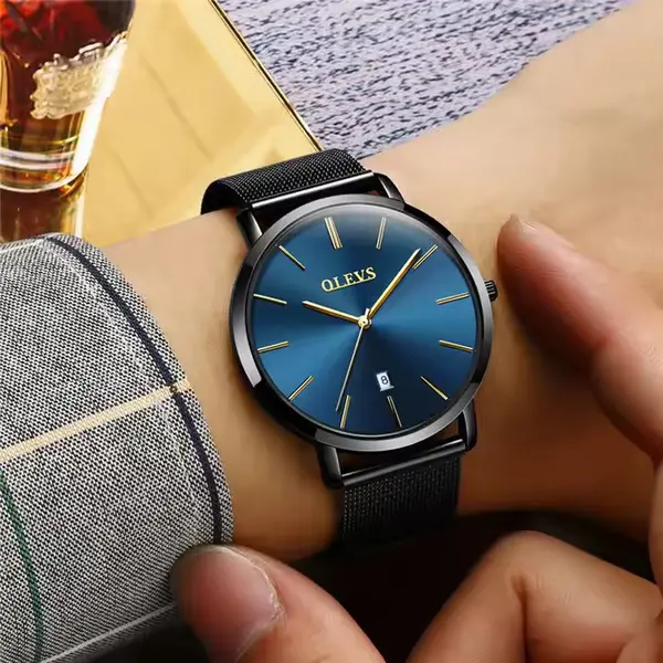 OLEVS 5869 Milanese Mesh Strap Waterproof Versatile Ultra Thin Couple's Wristwatch – Dial Color: Blue, Strap Color: Black – View 7