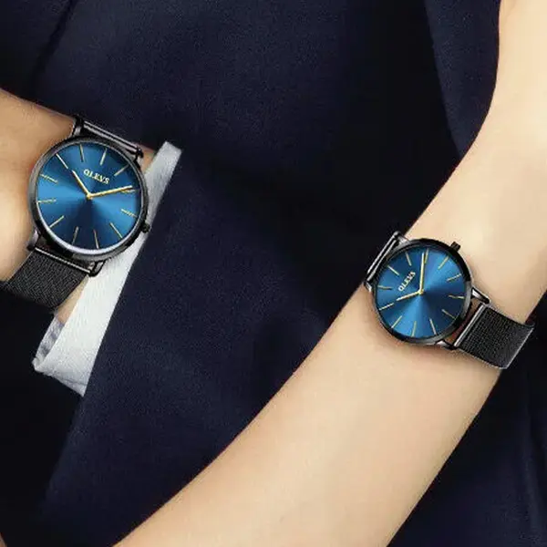 OLEVS 5869 Milanese Mesh Strap Waterproof Versatile Ultra Thin Couple's Wristwatch – Dial Color: Blue, Strap Color: Black – View 4