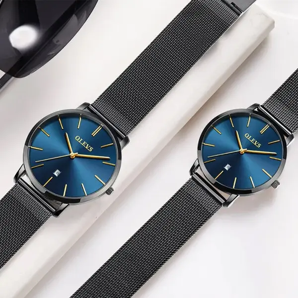 OLEVS 5869 Milanese Mesh Strap Waterproof Versatile Ultra Thin Couple's Wristwatch – Dial Color: Blue, Strap Color: Black – View 5