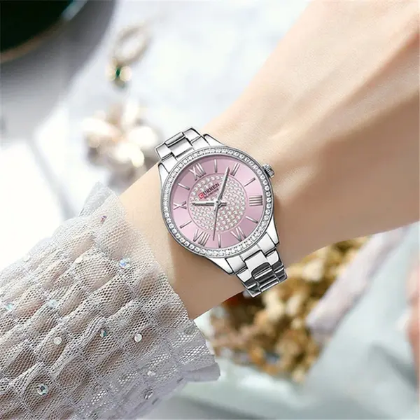 Curren CUR218 Women's Blanche Rhinestone Waterproof Watch – Dial Color: Pink, Strap Color: Silver – View 3