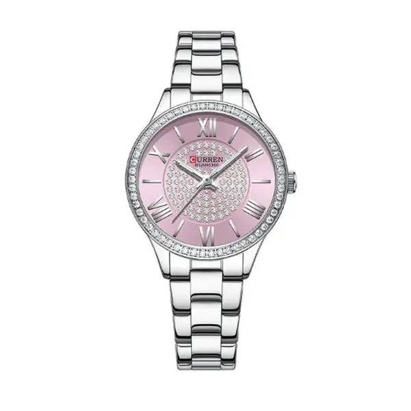Curren CUR218 Women's Blanche Rhinestone Waterproof Watch – Dial Color: Pink, Strap Color: Silver – View 1