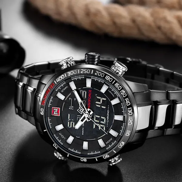 NAVIFORCE NF9093 Luxurious Stainless Steel Dual Time Men's Watch – Dial Color: Black, Strap Color: Black – View 4