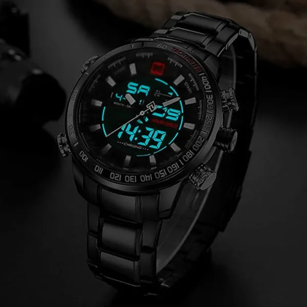 NAVIFORCE NF9093 Luxurious Stainless Steel Dual Time Men's Watch – Dial Color: Black, Strap Color: Black – View 6
