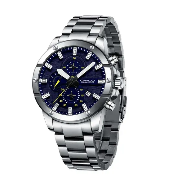 CRRJU 2296 High Quality Stainless Steel Multifunctional Analog Quartz Classic Men's Watch – Dial Color: Yellow, Strap Color: Silver – View 1