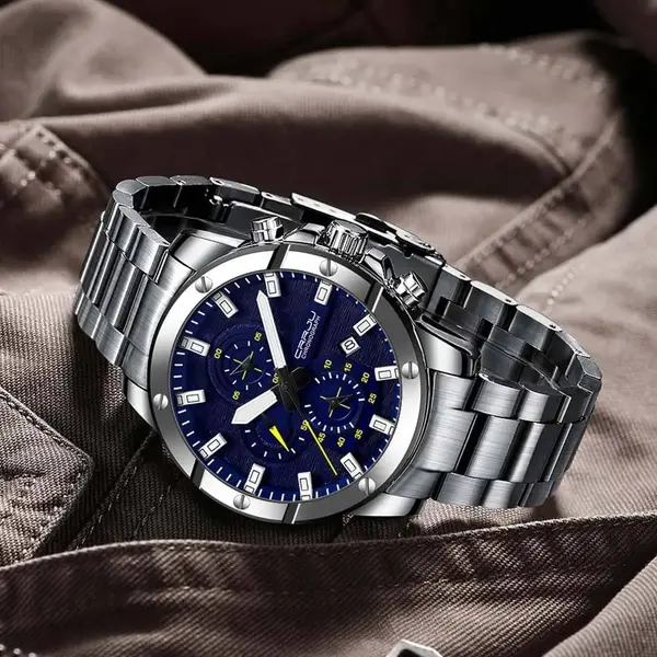 CRRJU 2296 High Quality Stainless Steel Multifunctional Analog Quartz Classic Men's Watch – Dial Color: Yellow, Strap Color: Silver – View 2
