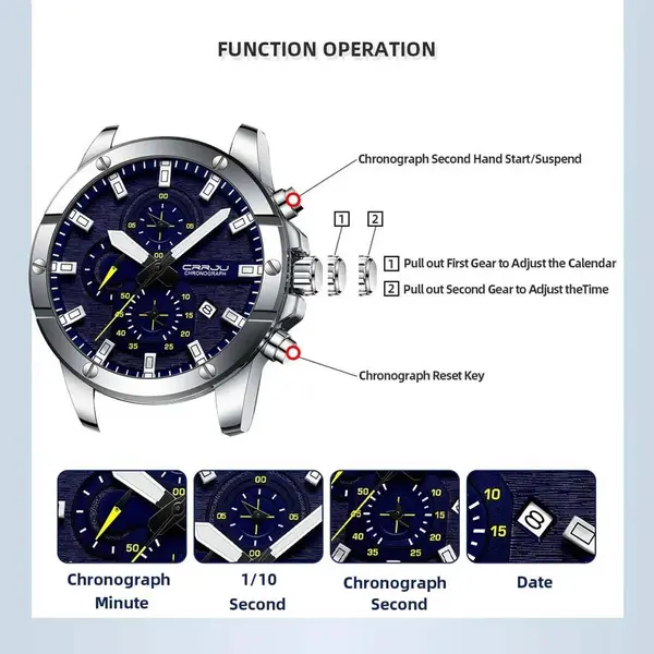 CRRJU 2296 High Quality Stainless Steel Multifunctional Analog Quartz Classic Men's Watch – Dial Color: Yellow, Strap Color: Silver – View 3