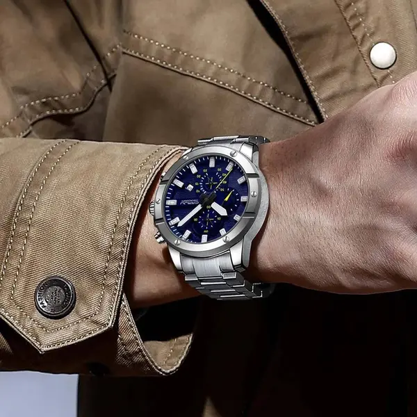 CRRJU 2296 High Quality Stainless Steel Multifunctional Analog Quartz Classic Men's Watch – Dial Color: Yellow, Strap Color: Silver – View 4