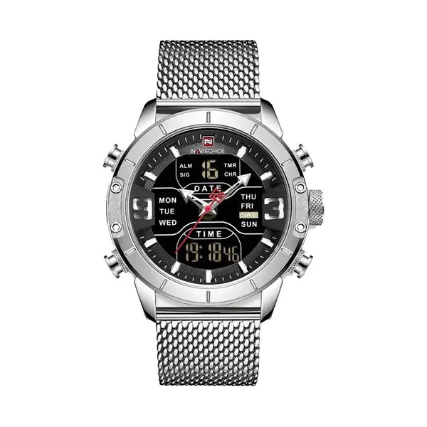 Naviforce NF9153 Mesh Stainless Steel Dual Display Multifunctional Sports Men's Watch – Dial Color: Black, Strap Color: Silver – View 1