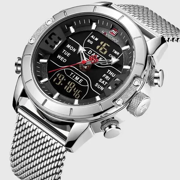 Naviforce NF9153 Mesh Stainless Steel Dual Display Multifunctional Sports Men's Watch – Dial Color: Black, Strap Color: Silver – View 2