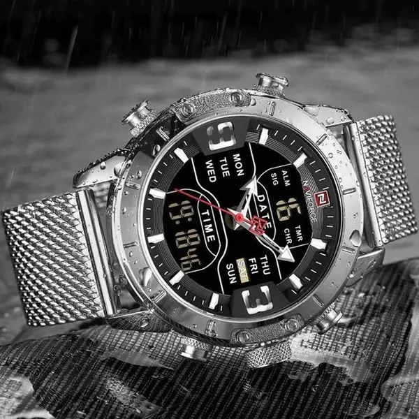 Naviforce NF9153 Mesh Stainless Steel Dual Display Multifunctional Sports Men's Watch – Dial Color: Black, Strap Color: Silver – View 4