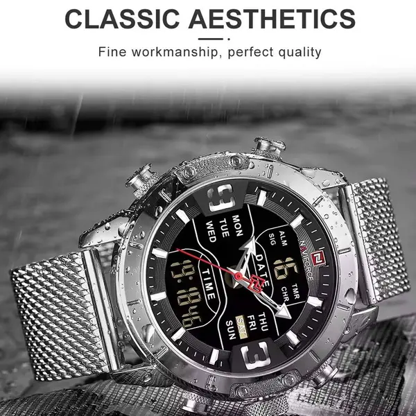 Naviforce NF9153 Mesh Stainless Steel Dual Display Multifunctional Sports Men's Watch – Dial Color: Black, Strap Color: Silver – View 5