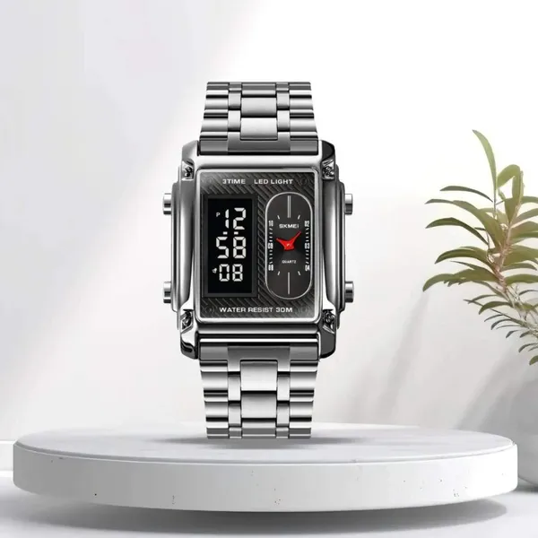 SKMEI 1868 Multiple Time Digital Analog Men's Watch – Dial Color: Silver, Strap Color: Silver – View 3