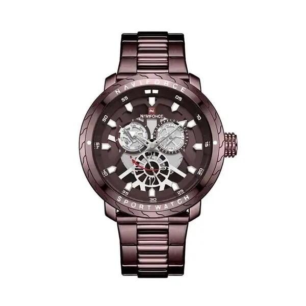 Naviforce NF9158 Luxury Stainless Steel Multifunctional Quartz Men's Watch – Dial Color: Brown, Strap Color:  Brown  – View 1