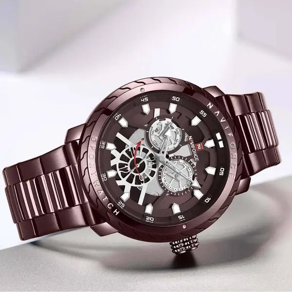 Naviforce NF9158 Luxury Stainless Steel Multifunctional Quartz Men's Watch – Dial Color: Brown, Strap Color:  Brown  – View 3