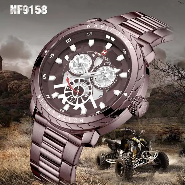 Naviforce NF9158 Luxury Stainless Steel Multifunctional Quartz Men's Watch – Dial Color: Brown, Strap Color:  Brown  – View 5