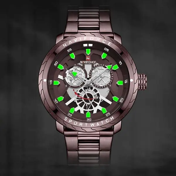 Naviforce NF9158 Luxury Stainless Steel Multifunctional Quartz Men's Watch – Dial Color: Brown, Strap Color:  Brown  – View 6