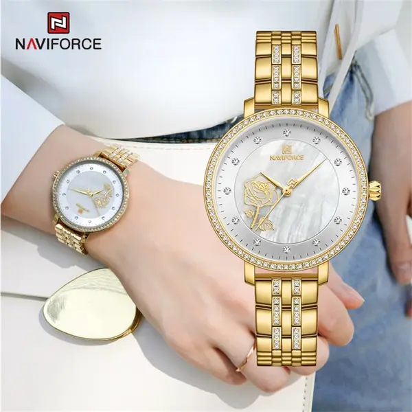 Naviforce NF5017 Quartz Stainless Steel Women’s Watch – Dial Color: Silver, Strap Color: Gold  – View 3