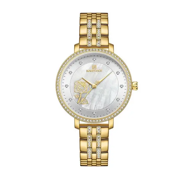 Naviforce NF5017 Quartz Stainless Steel Women’s Watch – Dial Color: Silver, Strap Color: Gold  – View 1