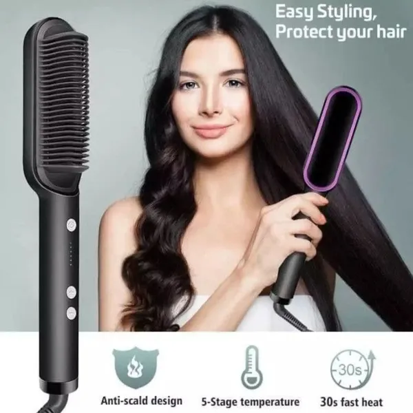 HQT-909B Comb Brush Hair Straightening Iron Built – Color: Black – View 2