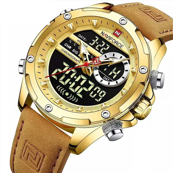 Naviforce NF9208 Genuine Leather Dual Display Luxury Fashion Men's Watch – Dial Color: Gold, Strap Color: Gold  – View 3