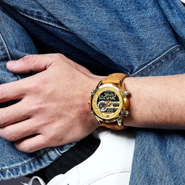 Naviforce NF9208 Genuine Leather Dual Display Luxury Fashion Men's Watch – Dial Color: Gold, Strap Color: Gold  – View 4