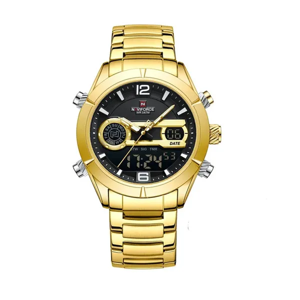 Naviforce 9232 Luxury Stainless Steel Strap Analog Digital Sports Men's Watch – Dial Color: Gold, Strap Color: Gold – View 1