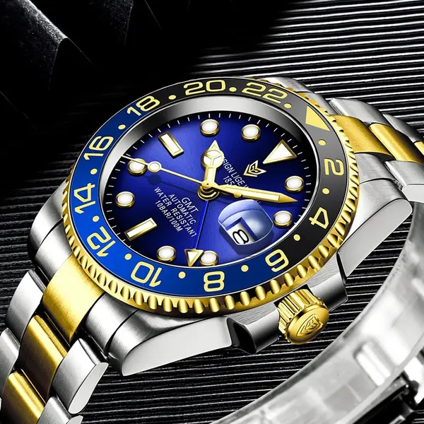LIGE 6805 Stainless Steel 100ATM Analog Mechanical Casual Men's Watch – Dial Color: Blue, Strap Color: Gold  – View 2