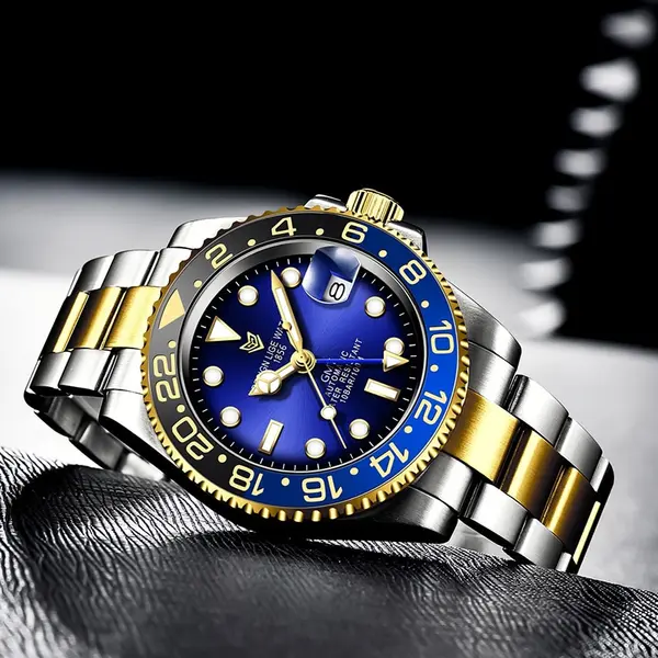 LIGE 6805 Stainless Steel 100ATM Analog Mechanical Casual Men's Watch – Dial Color: Blue, Strap Color: Gold  – View 3