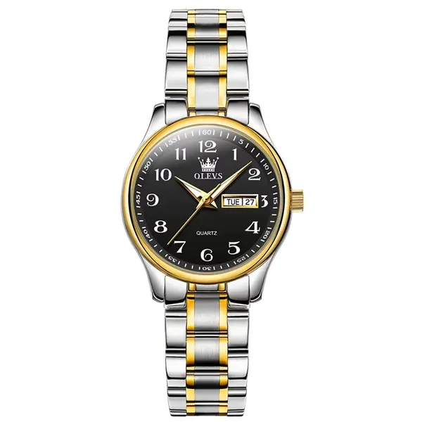 OLEVS 5567 Royal Stainless Steel Waterproof Chronograph Couple's Watch with Luminous – Dial Color: Black, Strap Color: White Gold – View 2