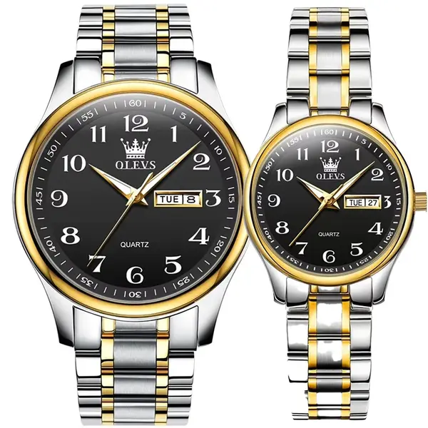 OLEVS 5567 Royal Stainless Steel Waterproof Chronograph Couple's Watch with Luminous – Dial Color: Black, Strap Color: White Gold – View 1
